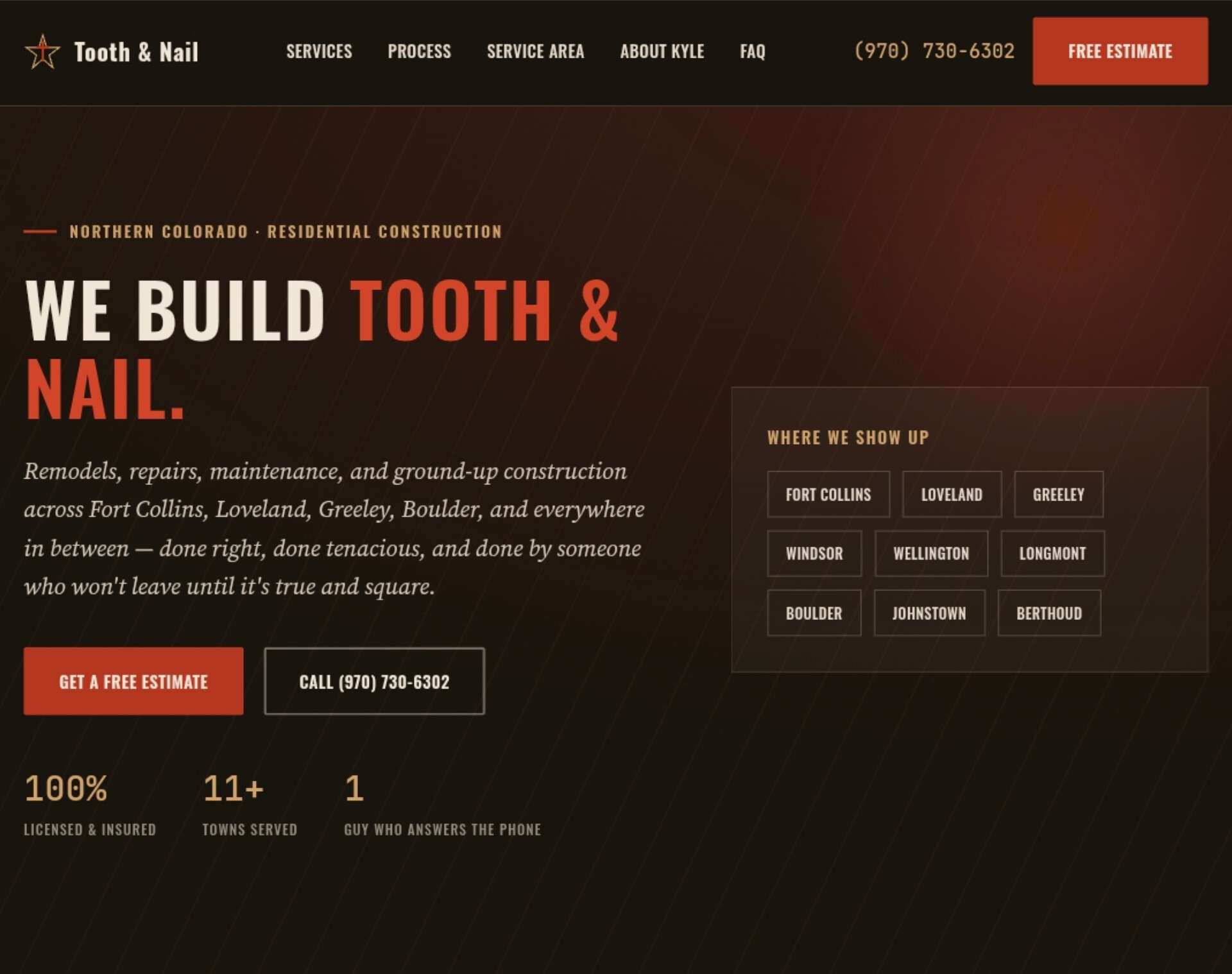 Screenshot of the Tooth and Nail Condtruction homepage